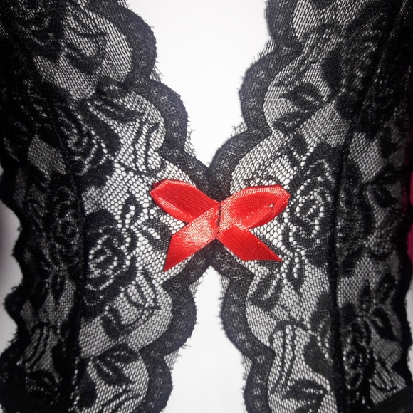 Flirty Black Lace Red Bow Tie Back Bodysuit - Picture 2 of 2